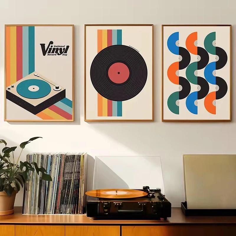 Retro Vinyl Record Print Mid Century Music Minimal Pastel Poster Colorful Wall Art Trendy Minimalist Turntable Home Room Decor