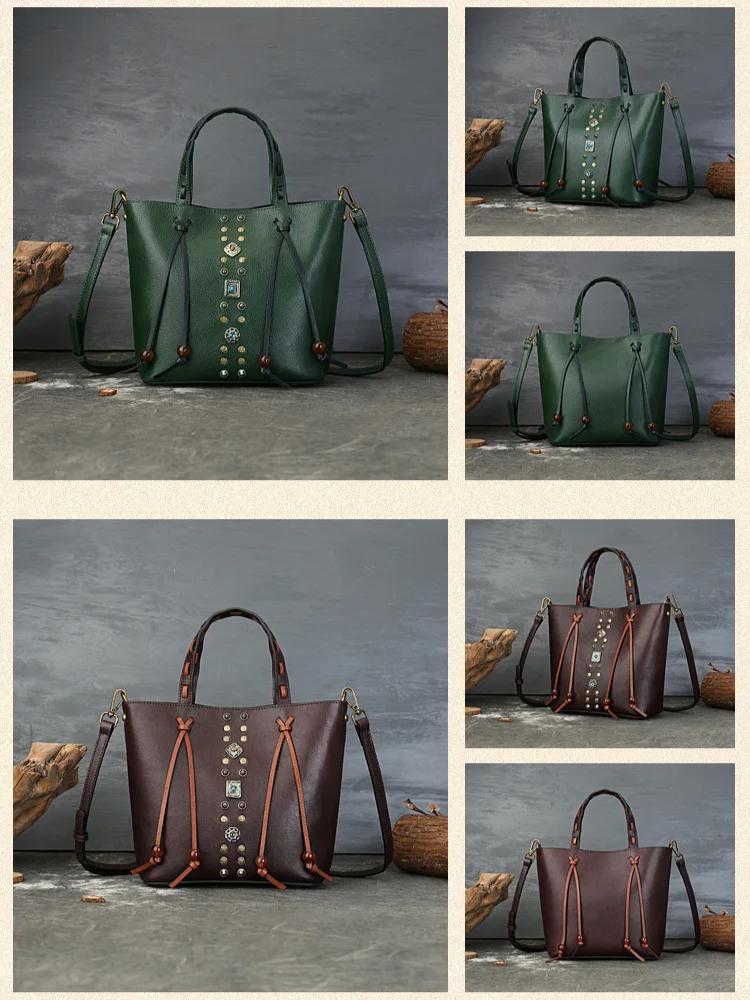 Johnature Cowhide Woven Handbag Genuine Leather Women's Bag Retro Rivet Large Capacity Shoulder Bags
