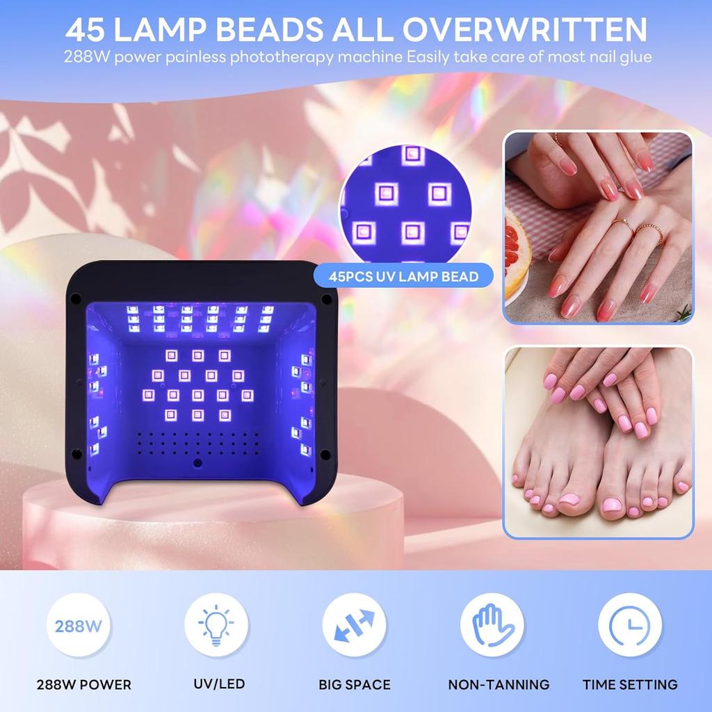 288W UV LED Nail Lamp for Gel Nails, Fast Curing with Auto Sensor & 4 Settings