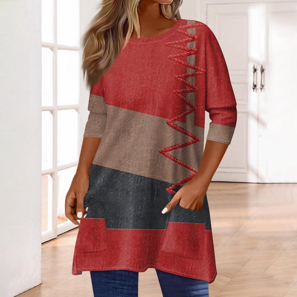 3/4 Sleeve Tops For Women T-Shirt Casual Print Tops T Shirt Round Neck Pullover  Blouse
