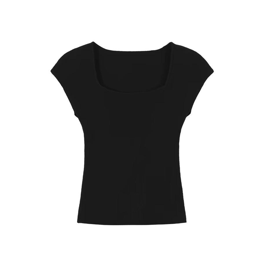 Red square neck short-sleeved T-shirt women's summer new front shoulder tight Spice Girl short slim and thin bottoming shirt top