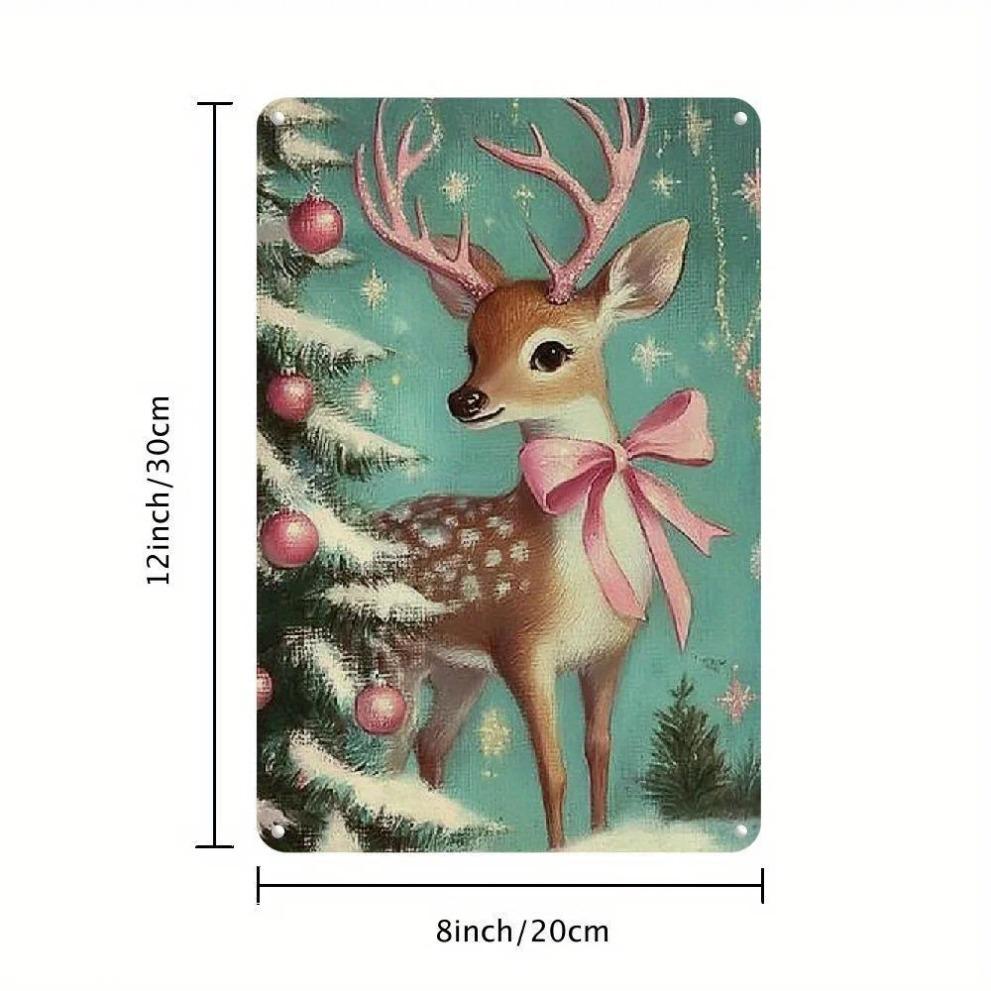 Pink Christmas Santa Deer Metal Sign for Wall Home Decor Holiday Plaque