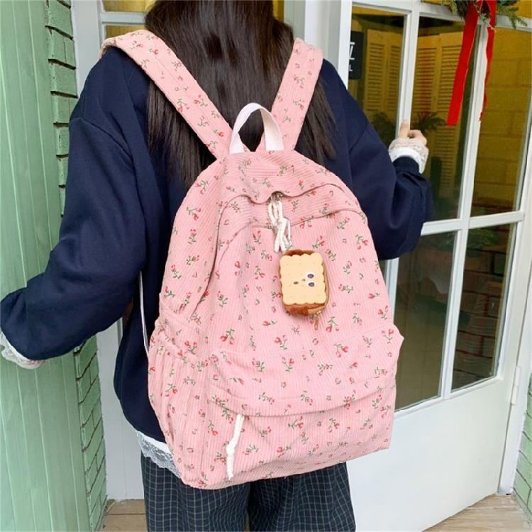 Travel Backpack for Teens and Girl Laptop Daypacks Flower Print Backpack Students School Bag Corduroy Rucksacks