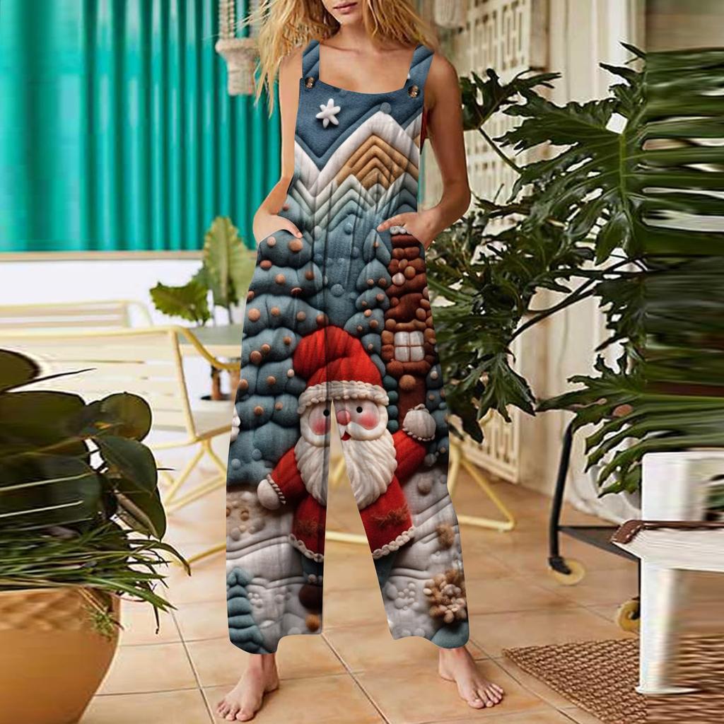 Women's Casual Jumpsuit Sleeveless Christmas Printed Cotton Jumpsuit