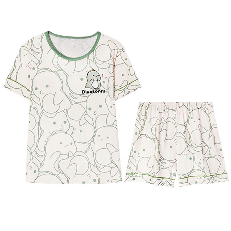 Women s Loose Fit Cartoon Bear Pajamas Set Summer Short Sleeve Gradient Casual Homewear Sleepwear M зелёный