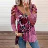 Fashion Womens Loose Collar Zipper V-neck Rose Print Long-Sleeved Casual T-shirt