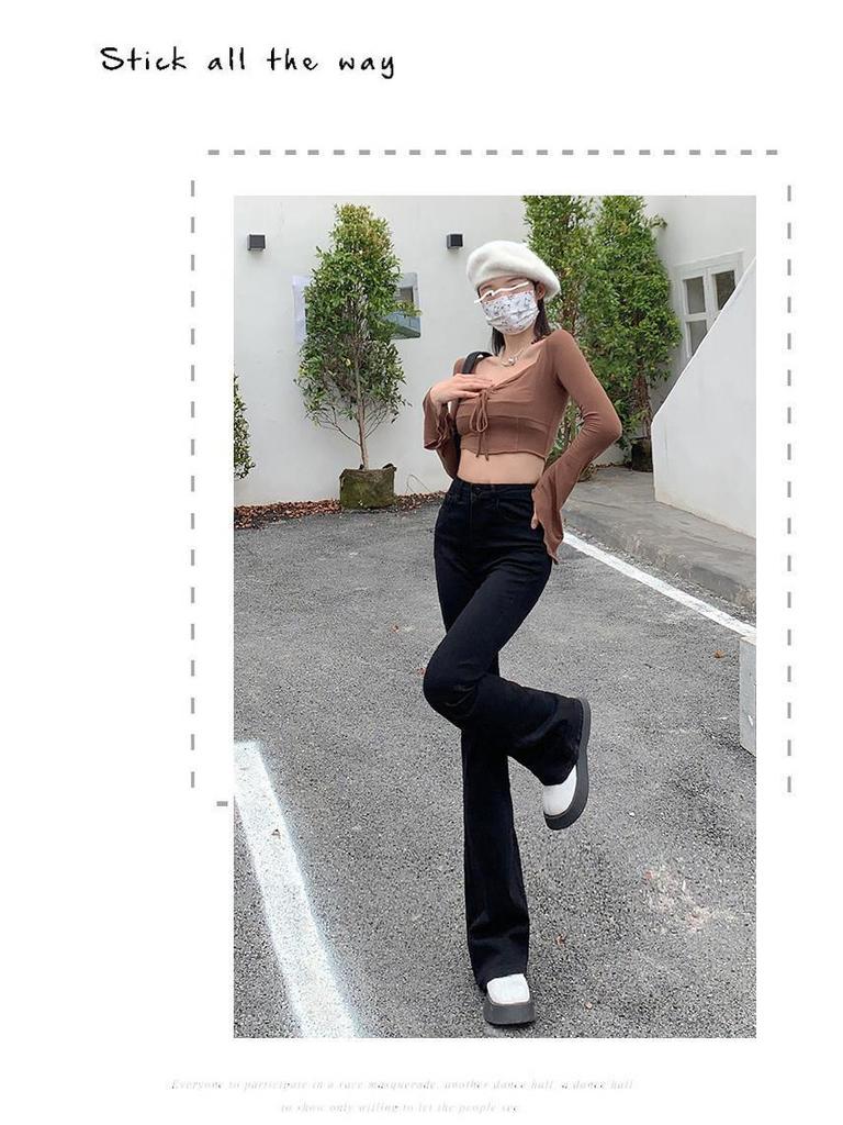High-Waisted Blue-Gray Micro-Flare Jeans for Petite Women - 2025 Autumn Slimming Bell-Bottom Design