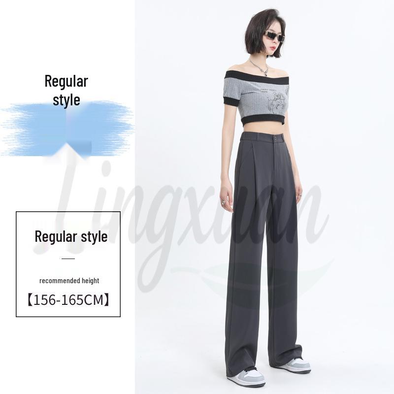 Women's Gray High-Waist Wide-Leg Pants: Spring/Autumn Slimming, Elegant Drape, Floor-Length, Straight-Leg