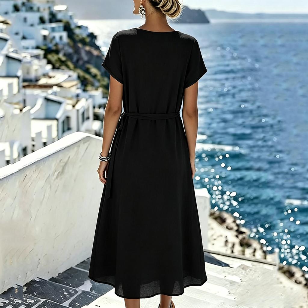 Women's Casual V Neck Loose Fit Short Sleeve Midi Dress Wrap Style Side Tie Waist Lightweight Summer Dress