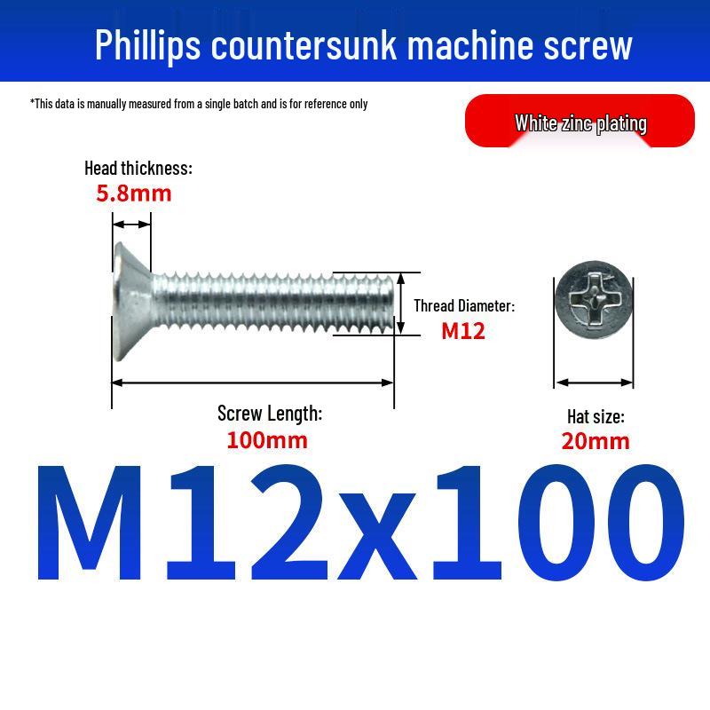 White Zinc Plated Cross Recessed Countersunk Head Screws & Bolts, Machine Thread, M3-M12