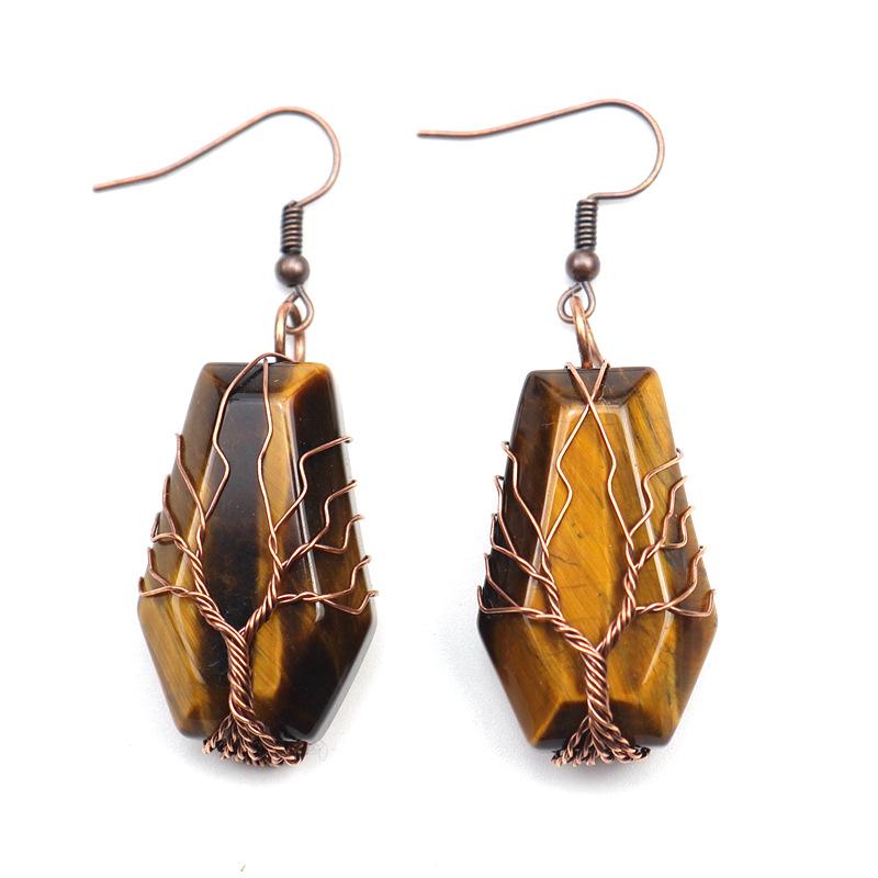 Handmade Agate Coffin Board Tree of Life Earrings - Natural Stone Crystal Dangle for Wealth and Harmony.