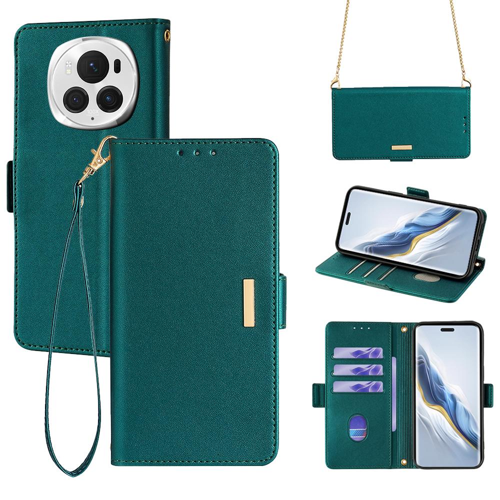 

For Honor Magic6 Pro 5G Crossbody Case RFID Blocking Card Holder PU Leather Flip Phone Cover Green