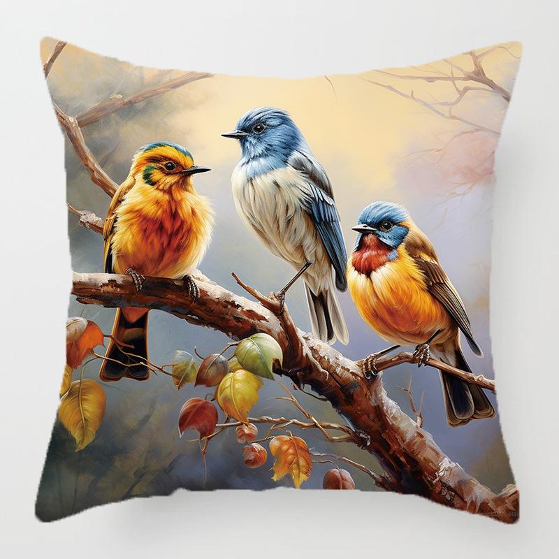 Kleurrijke vogel- en bloemenpatroon serie kussenhoes met korte pluche print voor woonkamer bankdecoratie kussenhoes 45x45cm