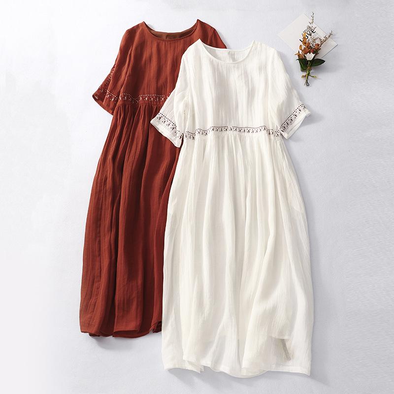 2025 Summer Women's Plus Size Ramie Embroidered Loose Retro Dress (Unlined)