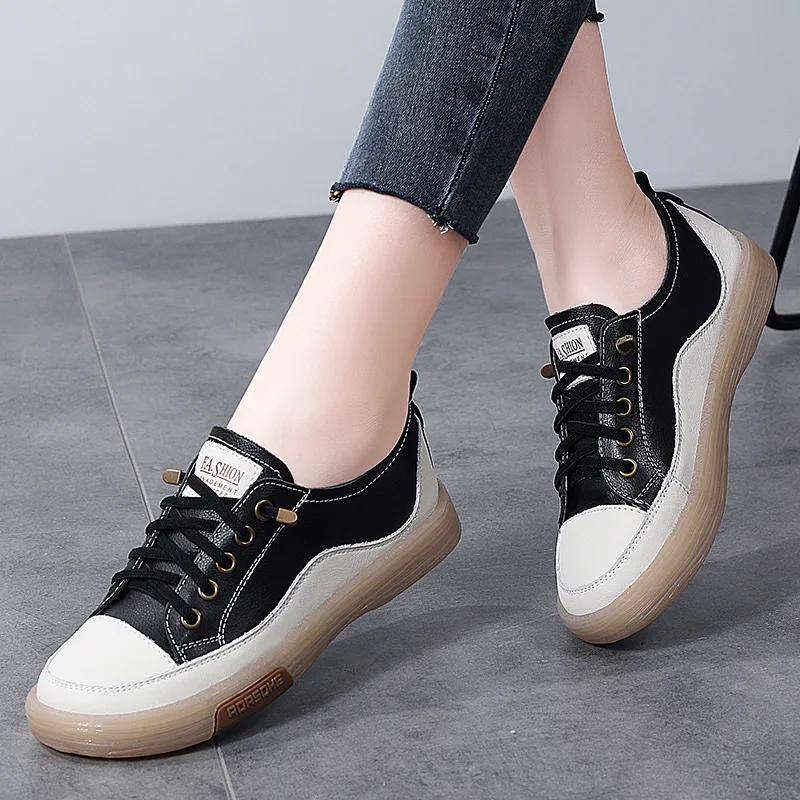 Genuine Leather Women Soft Sole Walking Shoes Girl Student Sneaker White Black Flats Female Casual Skate Trainers Summer