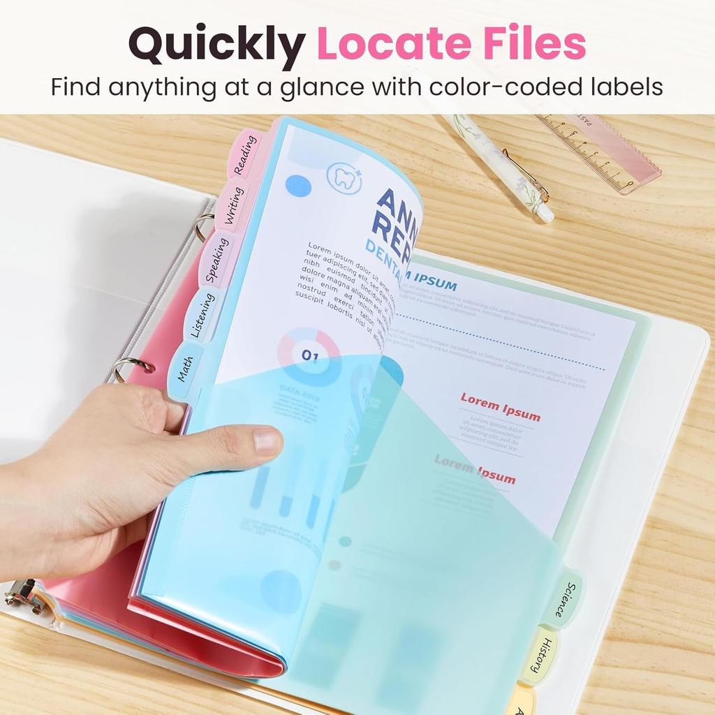 8 Tabs A4 Size 3 Ring Binder Dividers Waterproof Plastic File Index Pages Double-Pocket Index Dividers