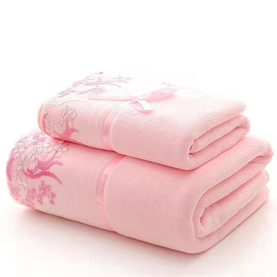 2pcs/set Microfiber Embroidered Towel Set Solid 1pc 75x35cm Face Towel 1pc 140x70cm Bath Towel Quick Dry Towels Bathroom