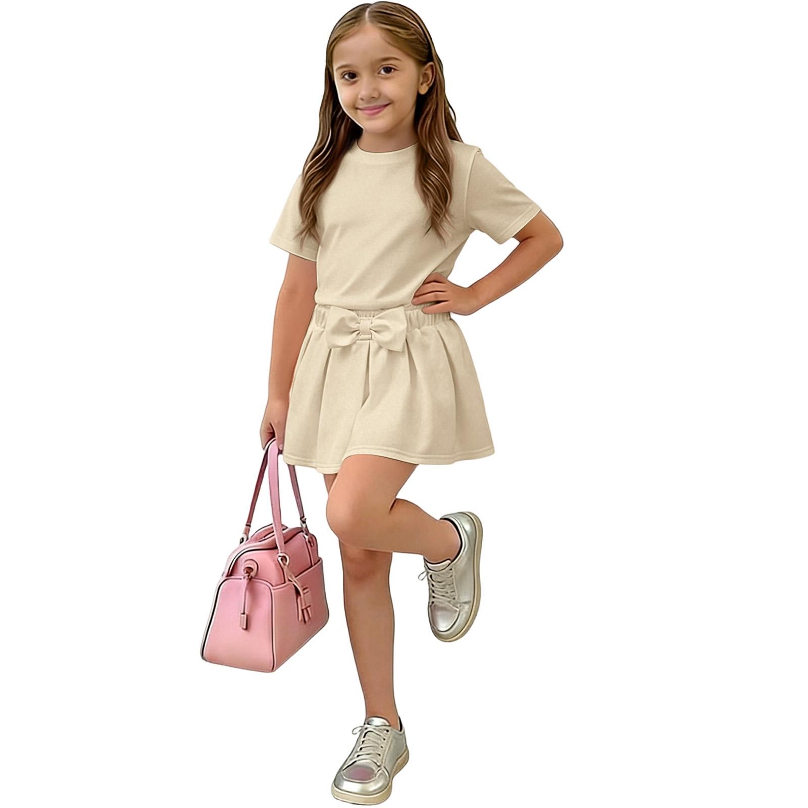 

Children s Casual Short-sleeved Top With Bowknot, High Waist Elastic Skirt Set 100 бежевый