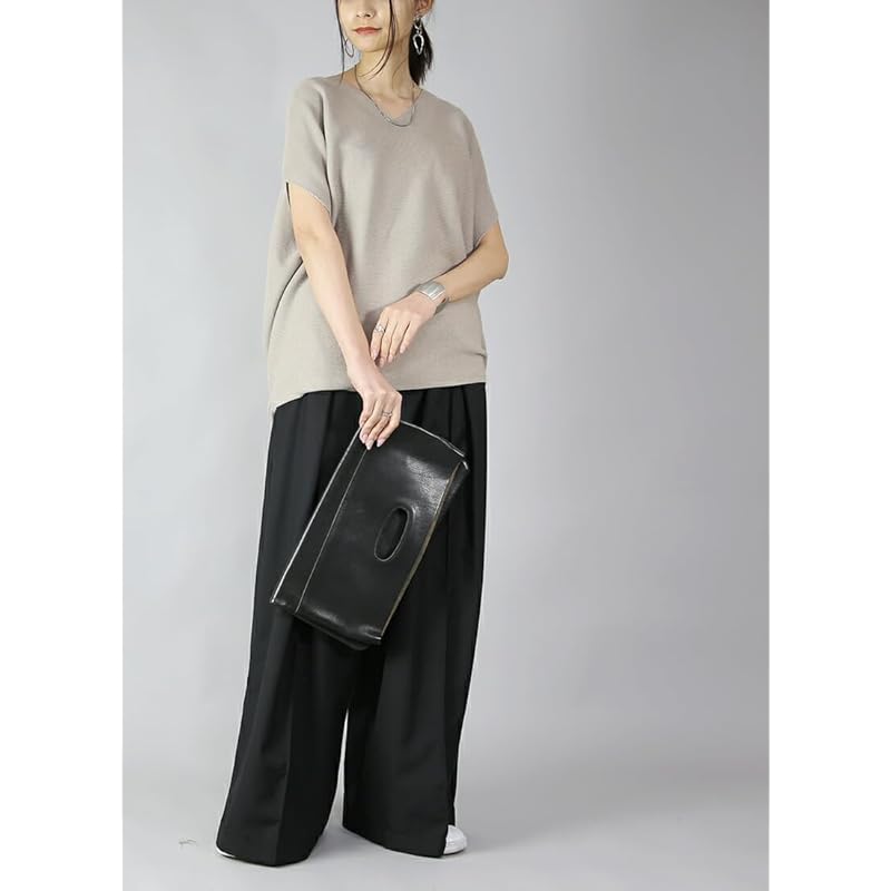 [And It] cocoon cotton knit Plain color V-neck short sleeve Thin summer knit pullover ladies F 55 Green A