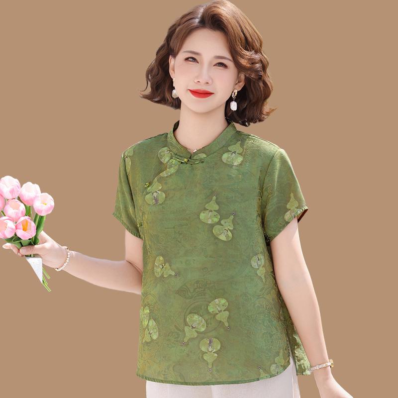 

2026 New Arrival: National Style Summer Short-Sleeve Shirt for Moms - Perfect for Middle-Aged & Elderly Women 4XL 67.5-75 kg