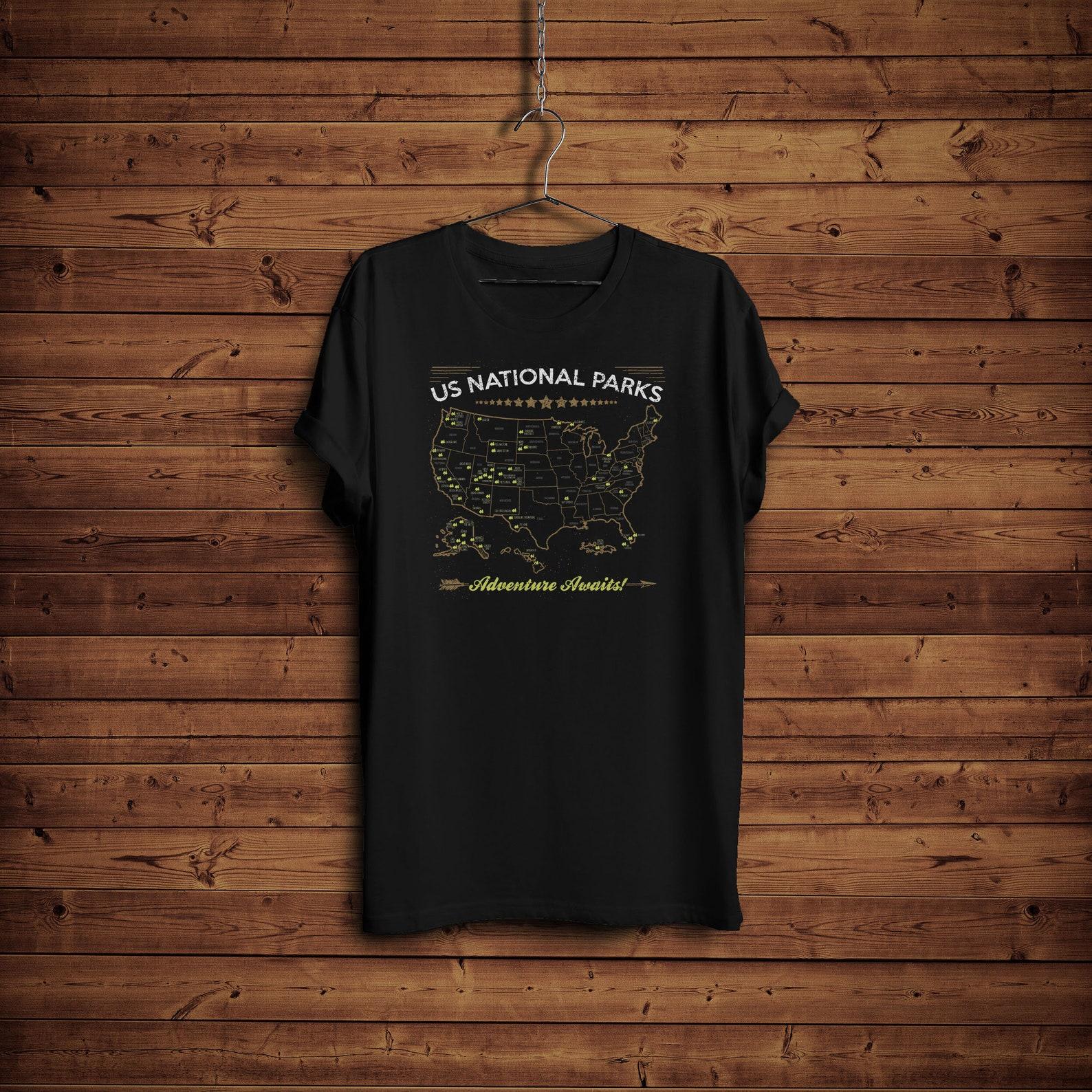 US National Parks Map Shirt, Camping Lover Gift, America USA Vintage Map Mountains Hiking Shirt, National Park Travel Gift, Yellowstone Tee L