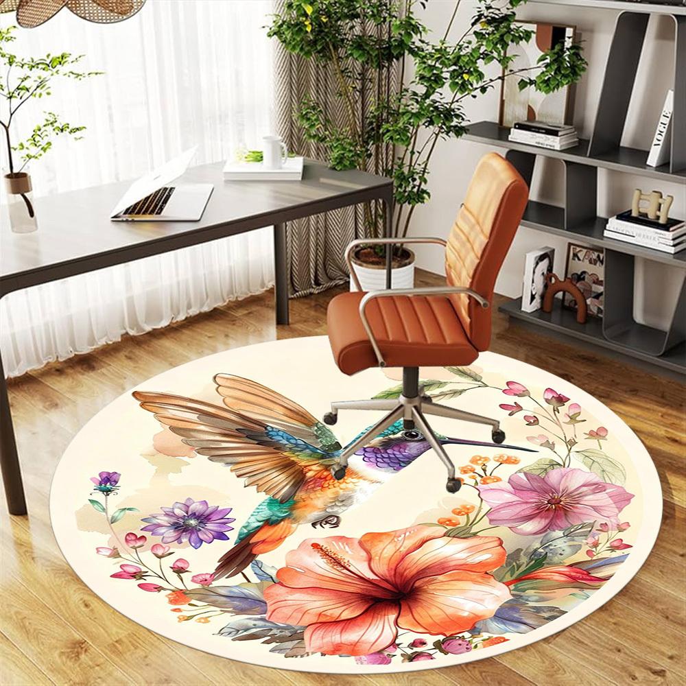 1pc Hummingbird Flowers Round Chair mat office Area Rug - Non-Slip, Floor Mat for Office, Bedroom, Ideal home decor gift c0112148
