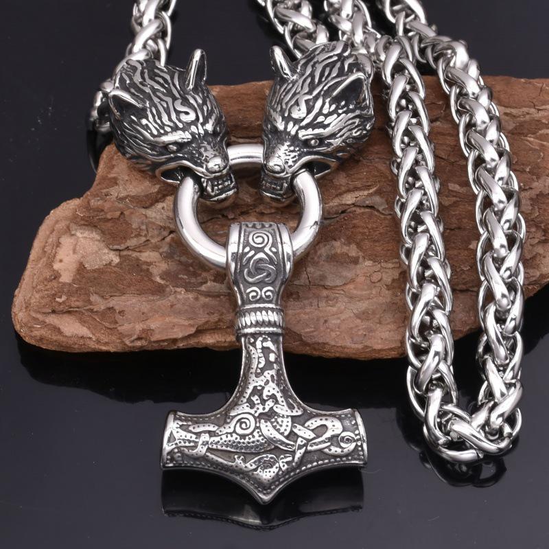 Retro Nordic Rune Hammer & Wolf Head Men's Punk Necklace