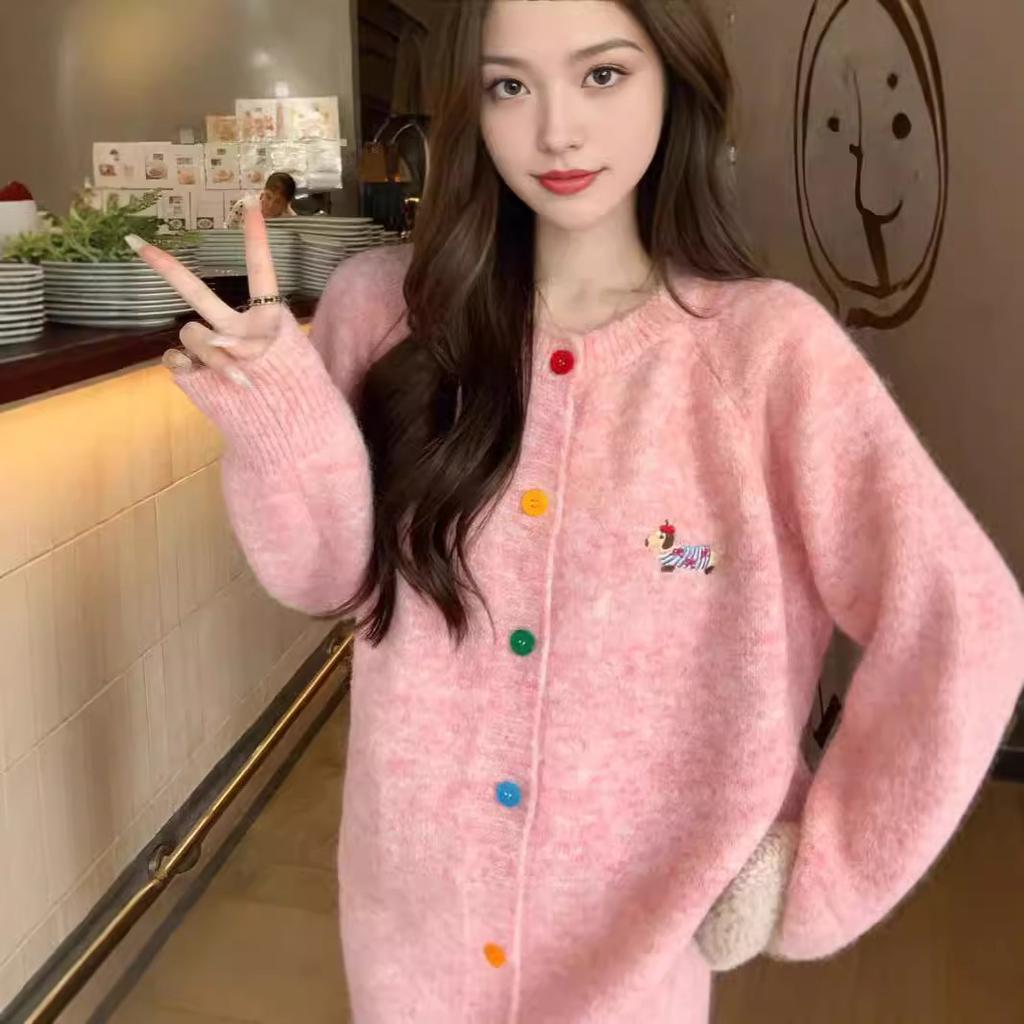 Dopamine Sweet Round Neck Colorful Buckle Dog Embroidery Long Sleeve Sweater Cardigan Women's Autumn Korean Versatile Top