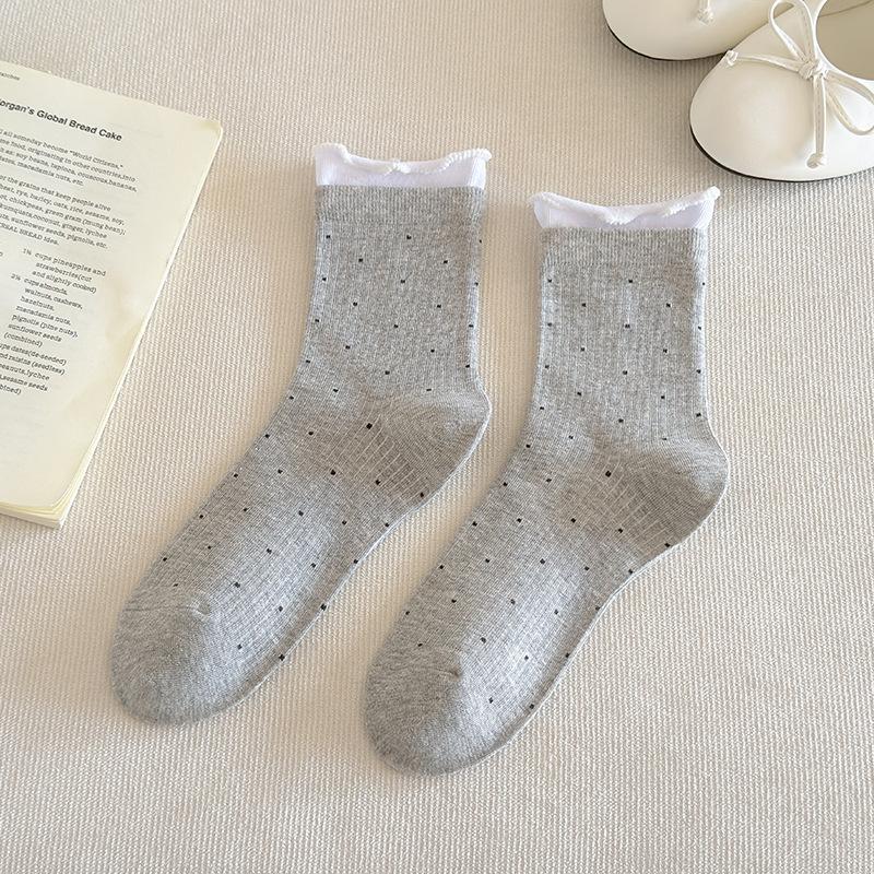 Sock - Spring/Summer Mesh Thin Style Mid-Calf Tube Socks in Colorful Lace with Cute Dots and Pure Cotton Layered Socks