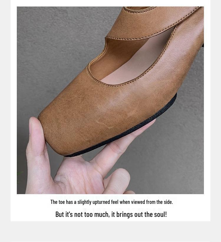 Grape Mom Studio Kadınlar için Yüksek Kaliteli At Derisi Kare Burun Kalın Topuk Deri Loafer - Sonbahar Stili