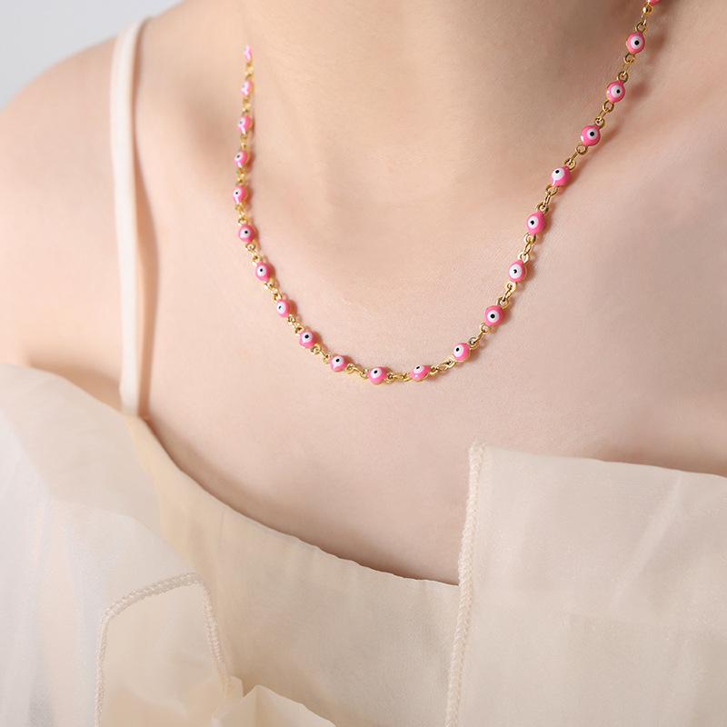French Retro Colorful Enamel Titanium Steel Necklace & 18K Gold Bracelet - Versatile Personalized Niche Jewelry for Women