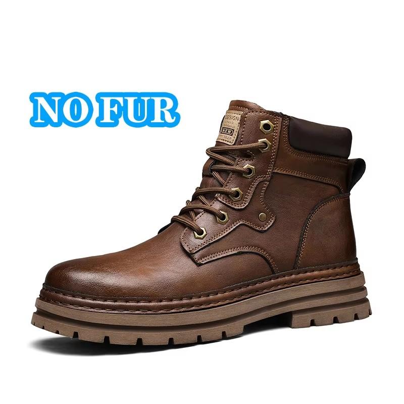 Fashion Man Round Toe Style Outdoor Motorcycle Boots Warm Plush Fur Winter Boots for Men Genuine Leather Basic Boots Comfy Outdoor Shoes