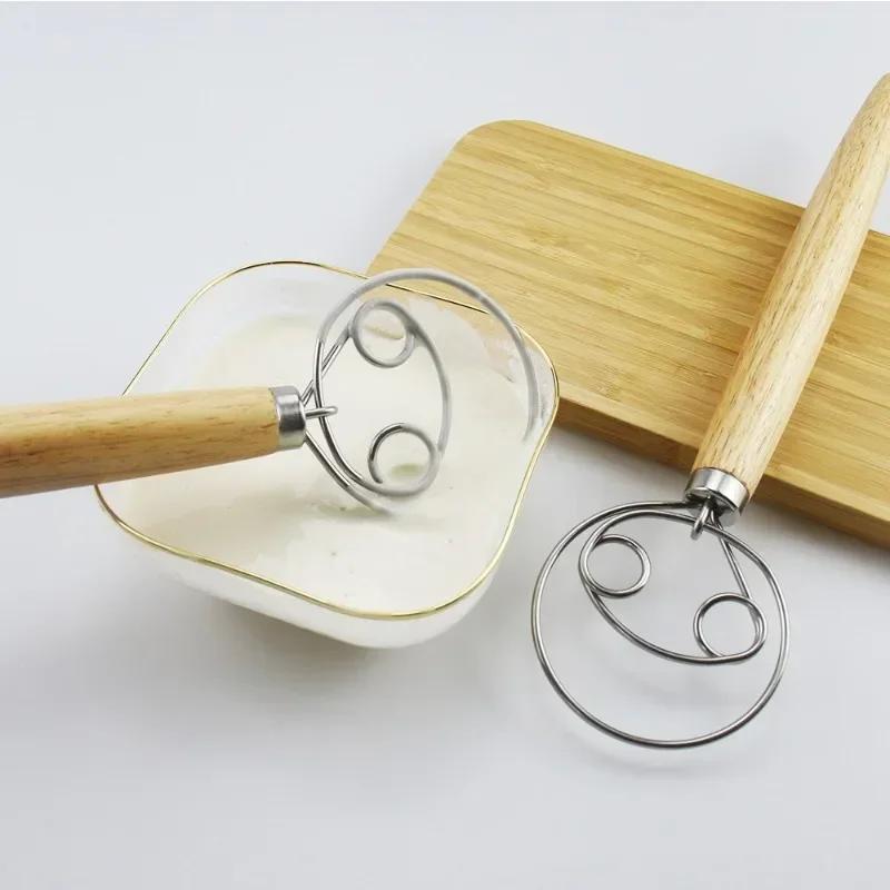 10inch Danish Dough Whisk Stainless Steel Dutch Style Bread Dough Hand Mixer Wooden Handle Kitchen Baking Tools Artisian Blender