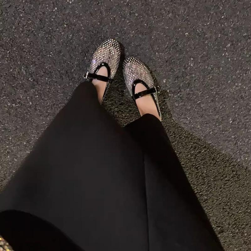 Upgraded sheepskin version~ Rhinestone mesh flat Mary Jane single shoes women's ballet shoes dinner shoes