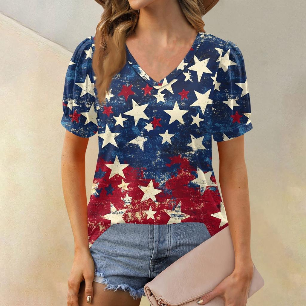 Women's Fashion Independence Day Print Top Puff Short Sleeve V-neck T-shirt Loose Casual T-shirt