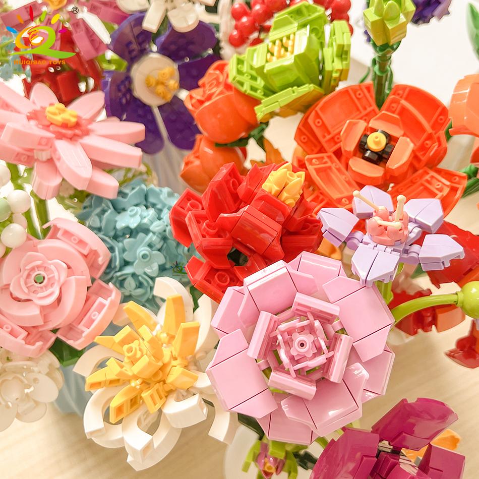 Non-Toxic Moc Flower Model Building Blocks 3D Bouquet Plants Sunflower Rose Bricks Kits Children Diy Educational Toys Home Decor