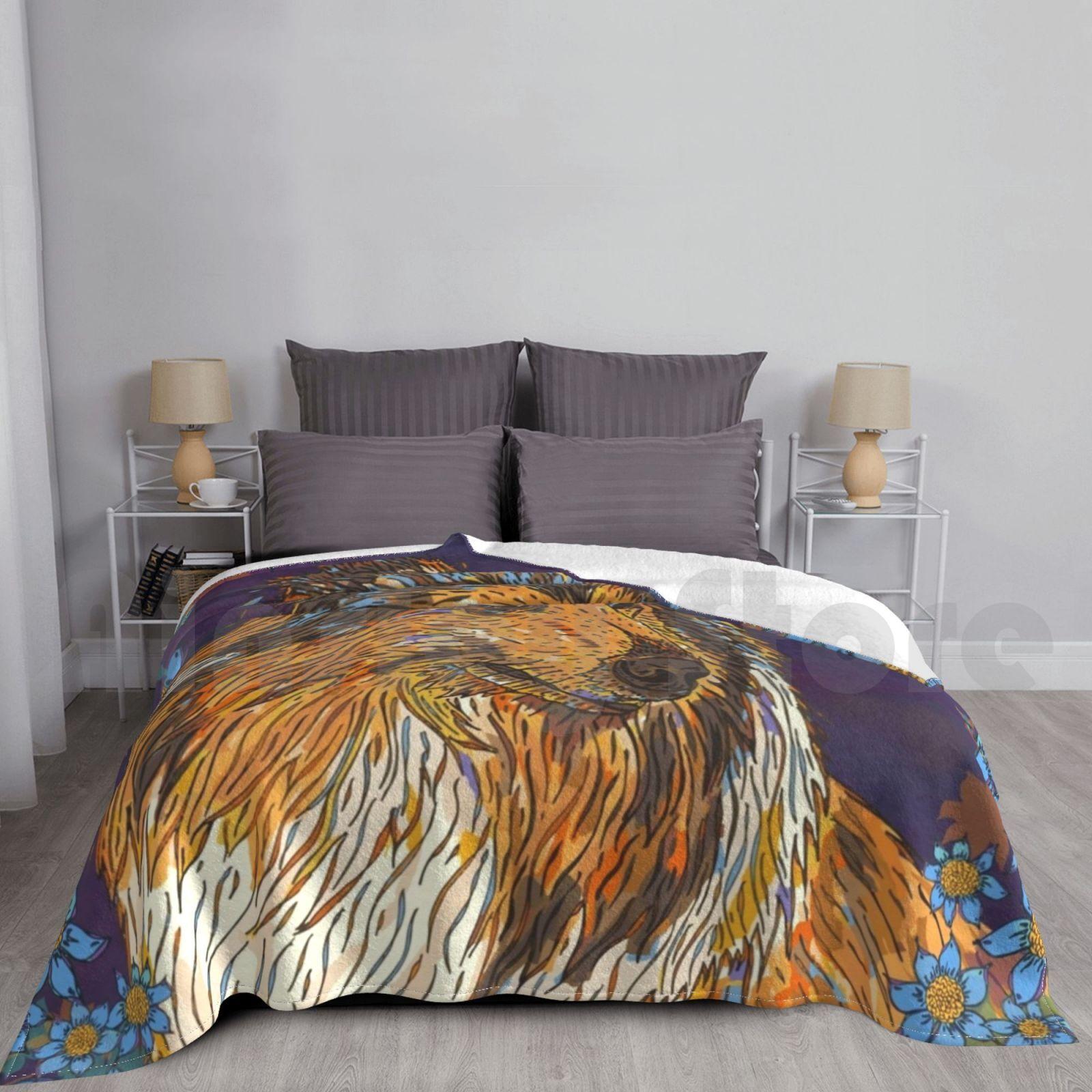 Rough Collie And Blue Flowers Blanket For Sofa Bed Travel Rough Collie Collie Lassie Sheep Dog Pet Pets Animal Size: 75*100cm, Weight: 230 GSM