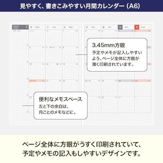 Hobonichi Techo 2026 Corps Principal Jour-Libre A6 Mensuel + Carnet Janvier Début Lundi
