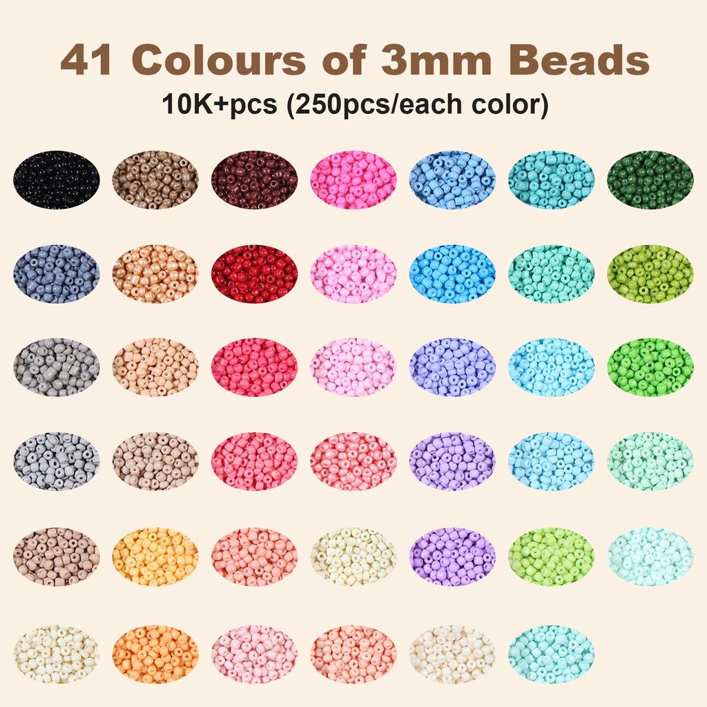 BetterJonny 3mm Glass Seed Beads, Round Seeds, 41 Colors, Approx. 10,250 Pieces/Box, DIY Accessory Kit Supplies for Crafts and Jewelry Making