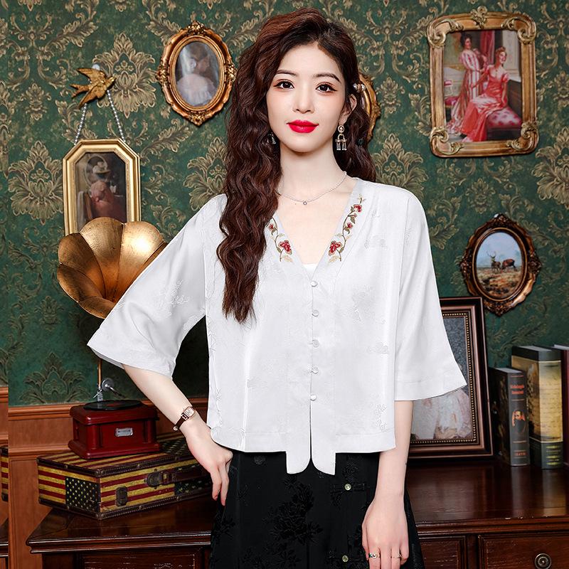 Frühling 2024 Damen Retro Chinesischer Stil Bestickte Kunstseide Tang Bluse