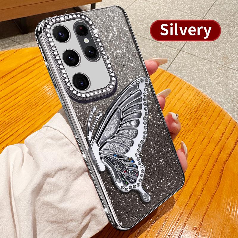 

Diamond Glitter Liquid Quicksand Butterfly Phone Holder Case for Samsung Galaxy S25 S24 S23 S22 S21 S20 Ultra FE Plus Cover S20 FE серебряный