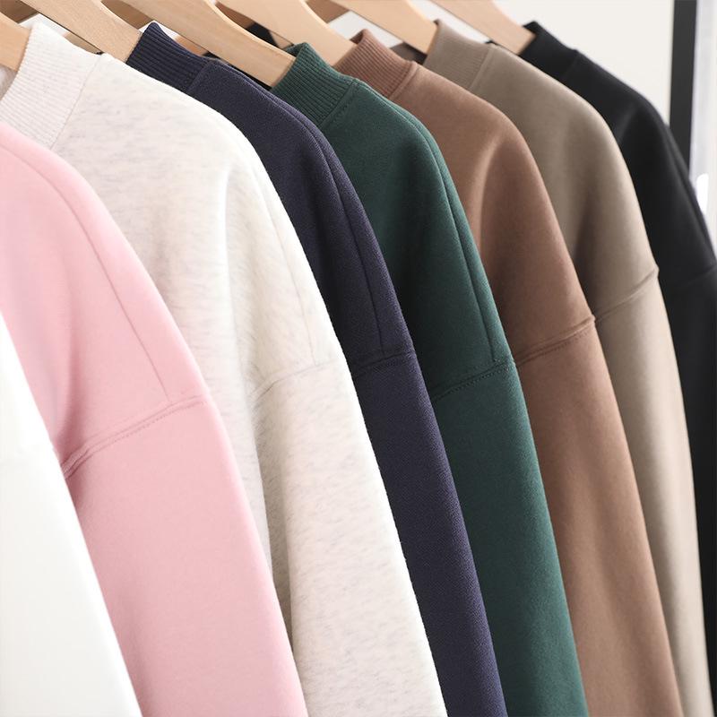 2025 Women's Solid Color Round Neck Sweatshirt - Basic Style, Trendy Brand, Loose Fit, Casual Fleece, Long Sleeve, Hoodless Top