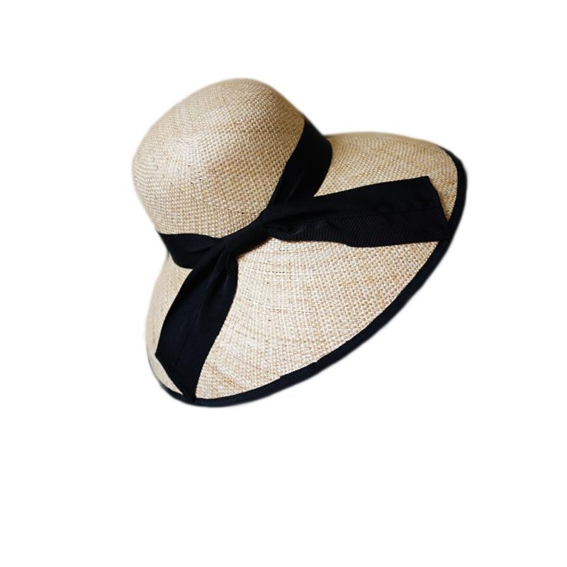 French Retro Hepburn Treasure Grass Woven Bell-Shaped Basin Hat Top Hat Women'S Summer Sunshade Sunscreen Vacation Beach Big Straw Hat