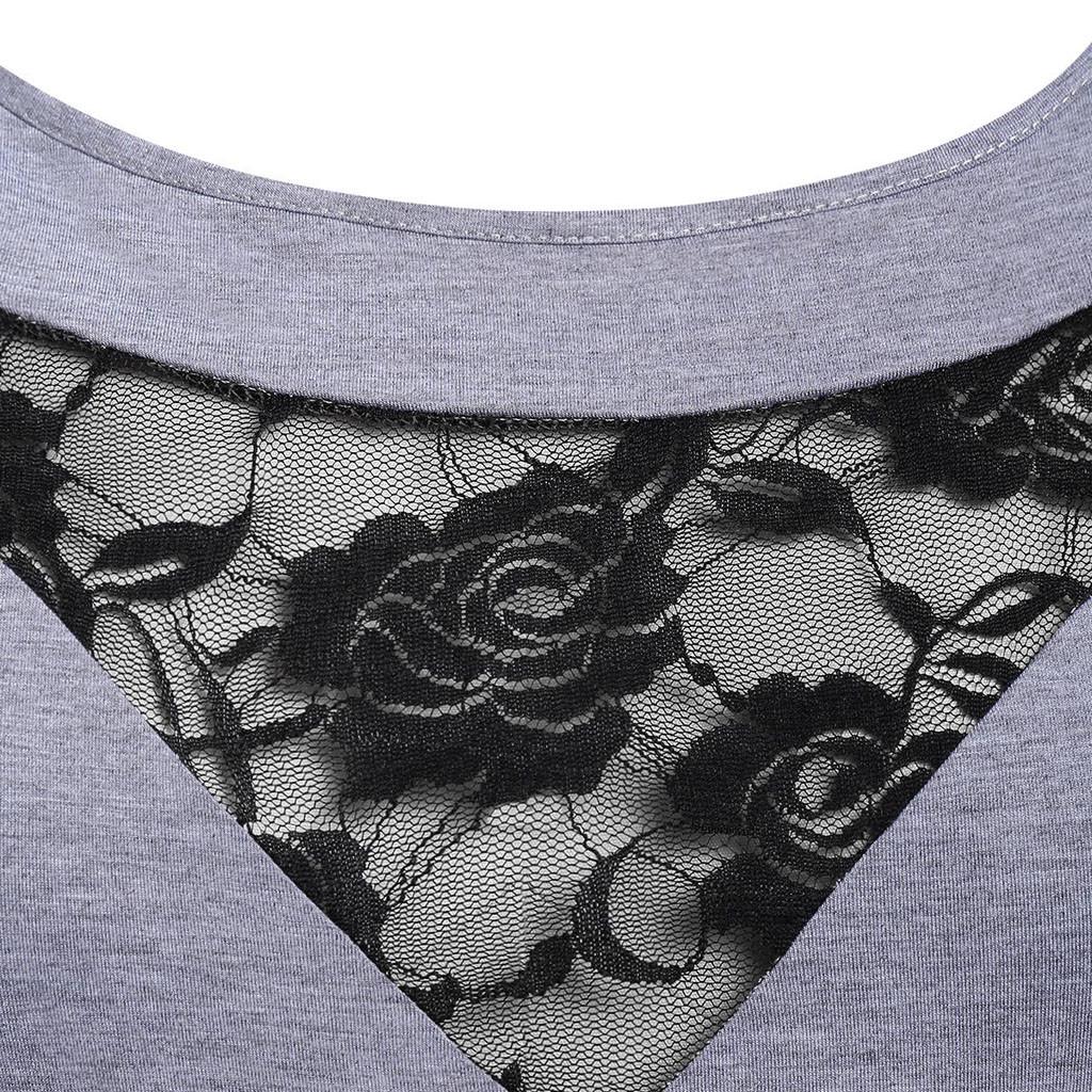 Plus Size Women Solid Floral Lace  Asymmetric Three Quarter Tops Blouse