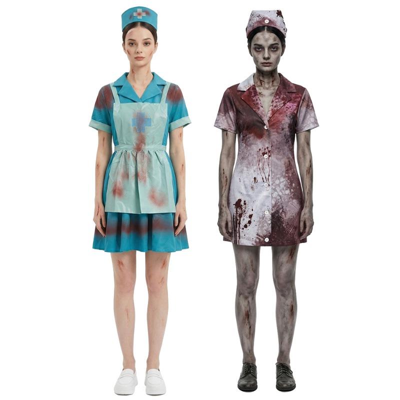 Halloweenský kostým zombie sestřičky Strašidelný tmavý zakrvácený kostým sestřičky Cosplay Dva volitelné kostýmy pro párty s thrillerovou tématikou Role-playing kostým