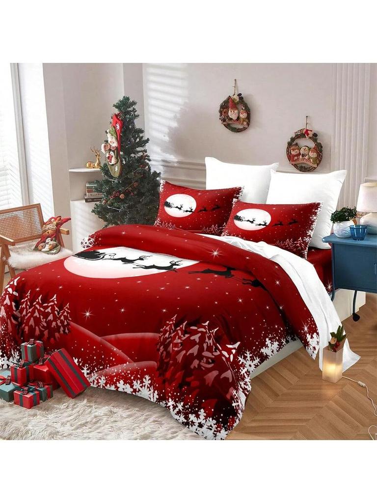 3pcs Christmas Themed Duvet Cover Set (1*Duvet Cover + 2*Pillowcase Without Core)- Zip ClosureWith Santa Claus Reindeer