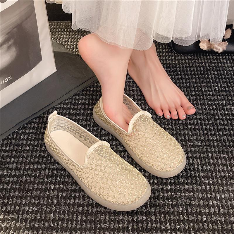 

2025 лето новые туфли-сетка с перфорацией, туфли для беременных на одной педали, дышащие, с мелким вырезом, мягкой подошвой, мягкой поверхностью, одинарные туфли, туфли для мамы 40 золотой