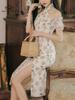 Elegante Vintage Cheongsam Kleid Frauen sommer Floral Stickerei Design Party Split Kleid Weibliche Gericht Retro Lange Fee Kleid