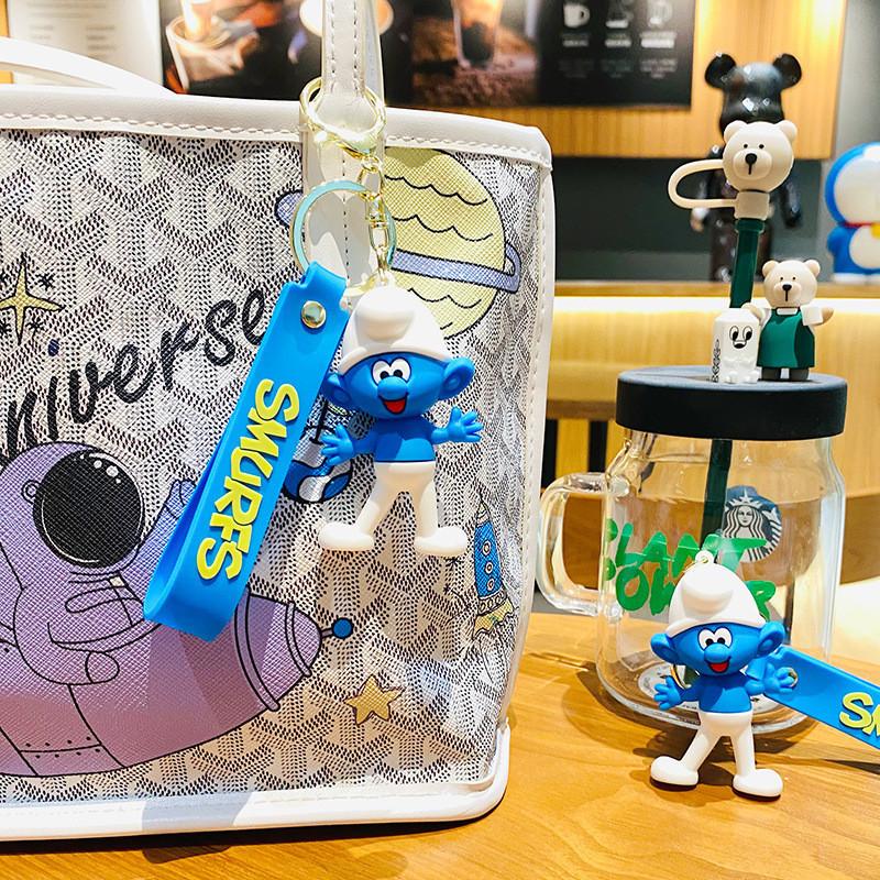 Adorable Smurfs Silicone Keychain Cute Cartoon Blue Papa Keyring Bag Charm