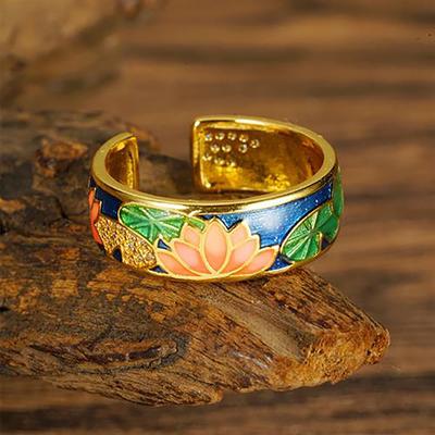 24 Zircon Dripping Oil Lotus Opening Ring Chinese Style Fashion Design Ring Niche Jewelry